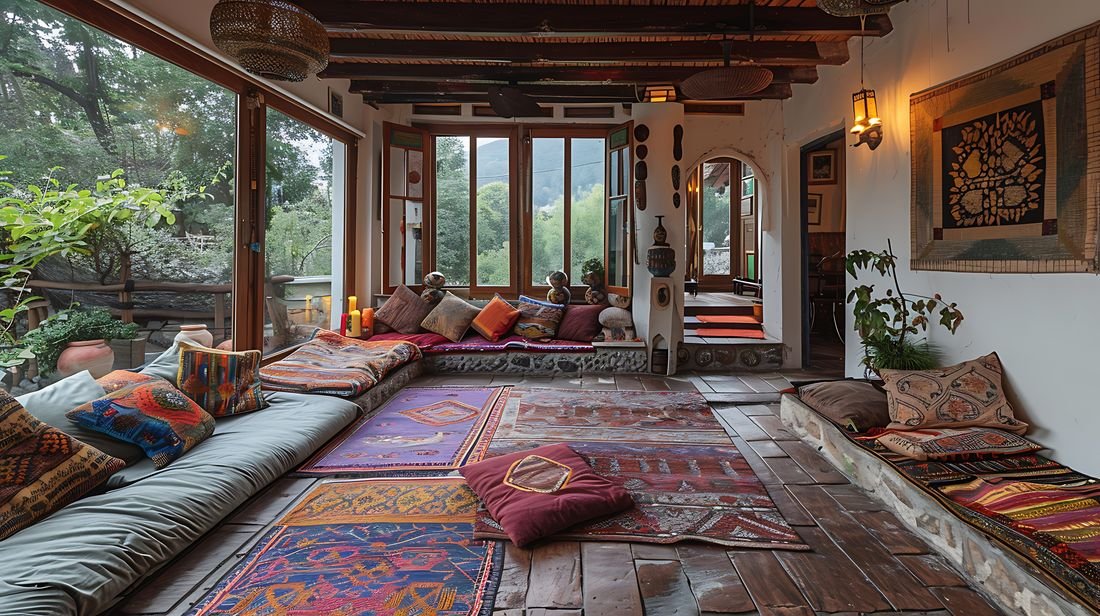 A warm, textile-filled living space with layered rugs and cushions